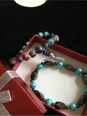 2x Multicolour Beaded Stretch Hematite Bracelets Set - Turquoise & Marbled Brown